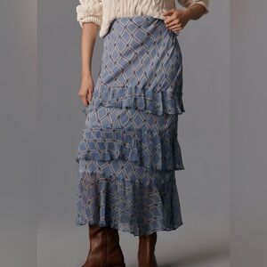 RIXO 🩷 Preslee Blue and White Ruffle Midi Skirt